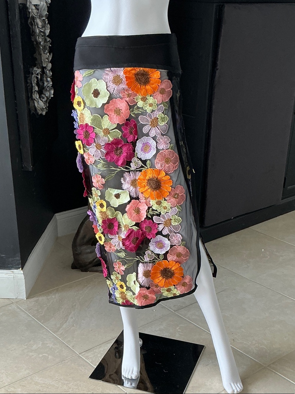 Embroidered Floral Black Sheer Midi Skirt